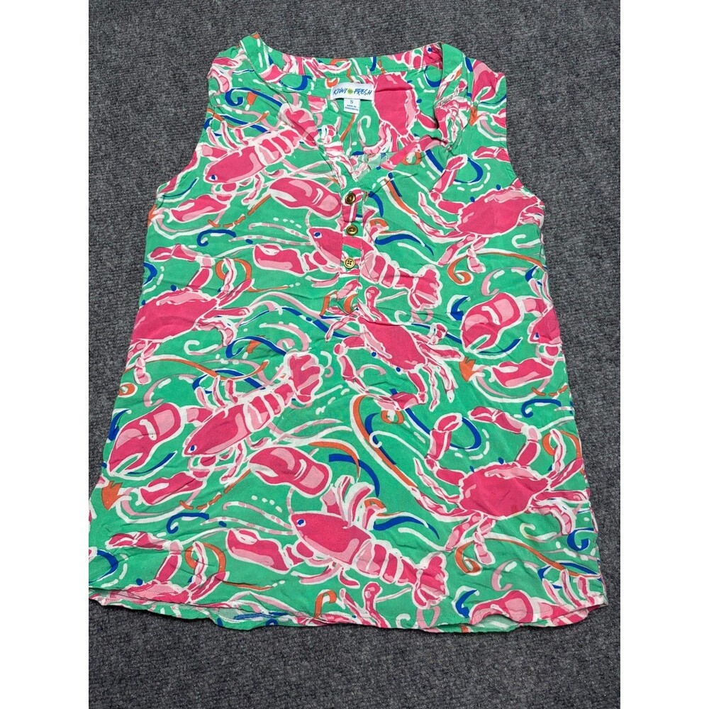 Kiwi Fresh Womans Blouse Top Green Multicolor Small S Lobster Crab Sleeveless